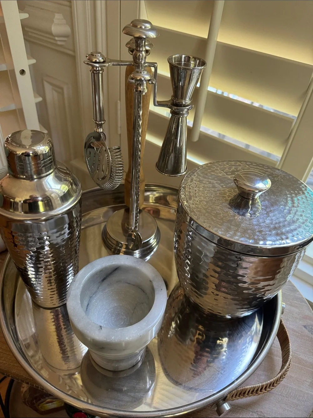 Pottery Barn Hammered Silver Barware Set with Marble Muddler